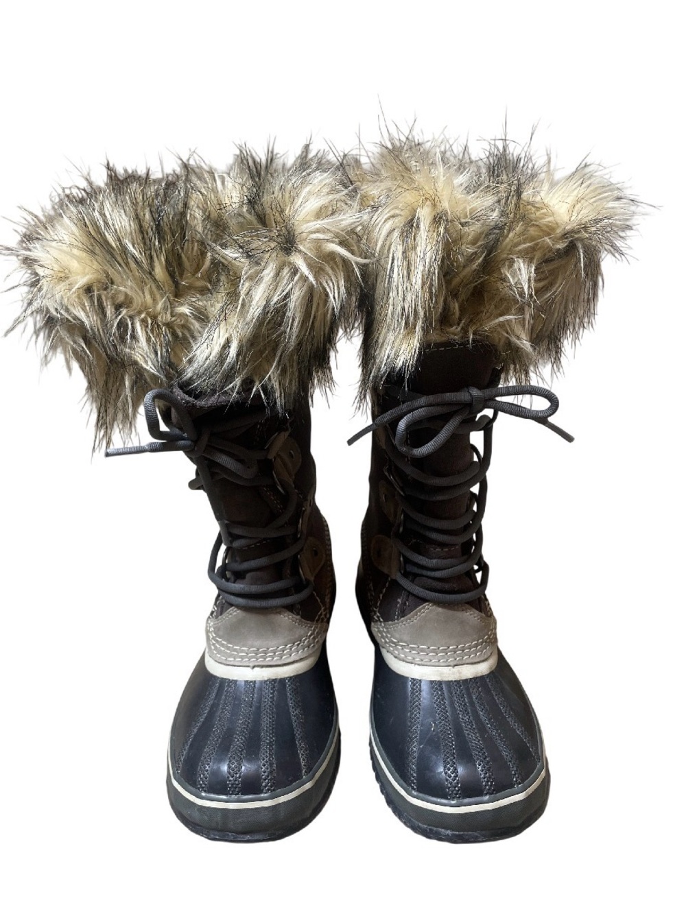 Sorel Joan Women’s Faux Fur Trim Winter Snow Boots in Brown and Black Size 7